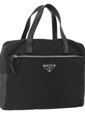 PRADA Hand Bag Nylon Black Silver Auth YKZ034